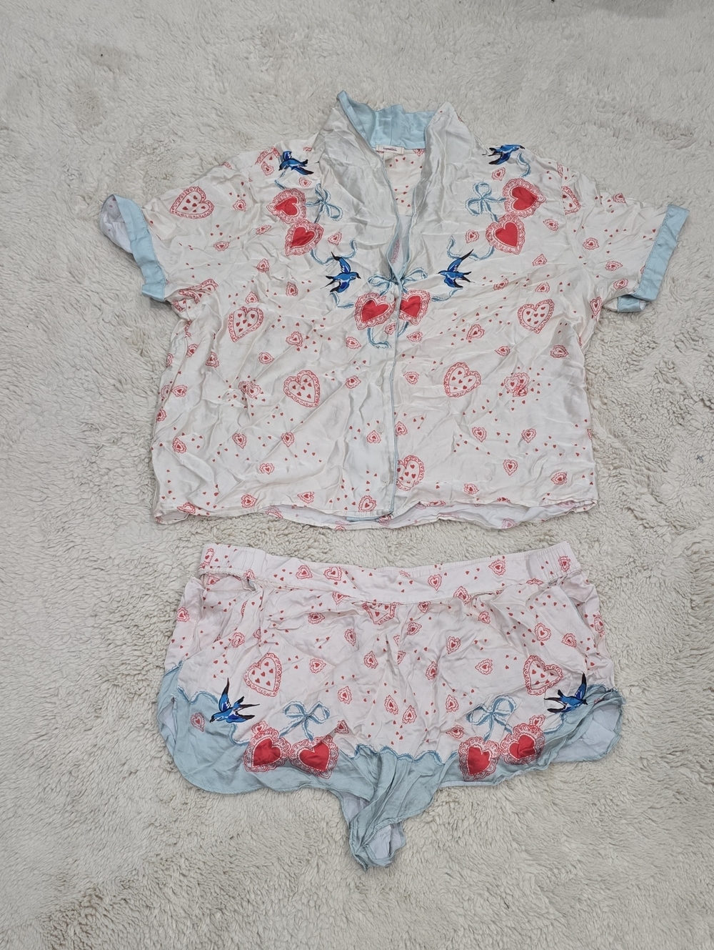 Heart & Bow Short Pajama Set in White and Light Blue